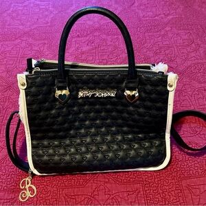 Betsey Johnson Black & White Vegan Leather Pale Pink fur Quilted Hearts Satin